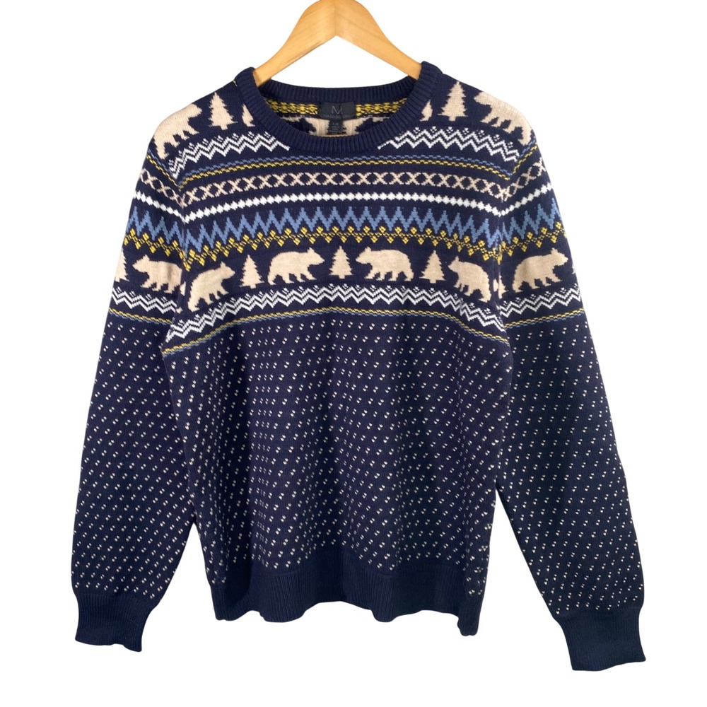 Magaschoni Navy Blue Bear Trees Fair Isle Knit Sweater Large‎ Nordic Cozy Ski